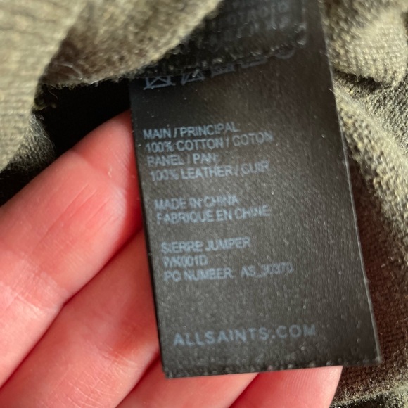 All Saints Olive Green Sweater with Leather Shoulders - Picture 5 of 10